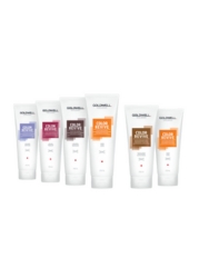 seven goldwell products color revive for hair lined up horizontally in a row on a white background